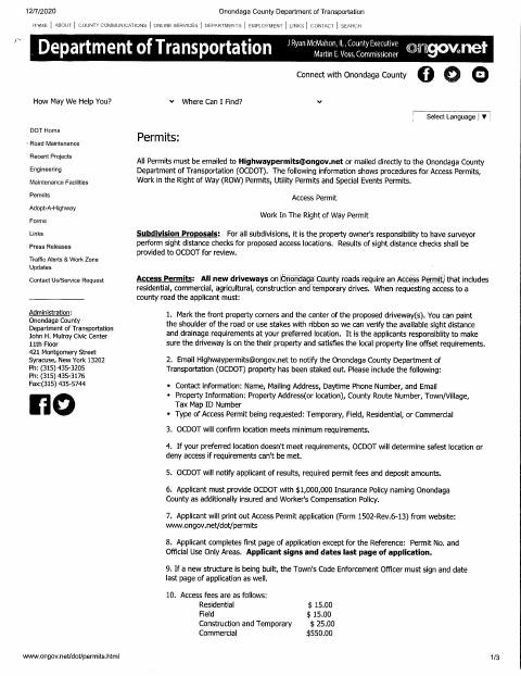 First page of the County Driveway Permit Application