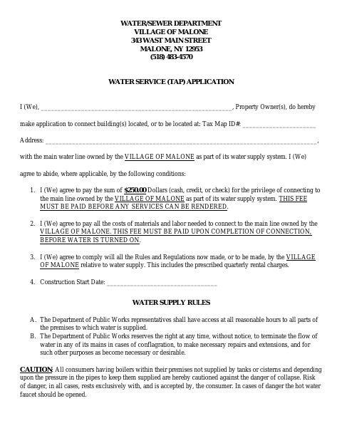 First page of the Water Service (Tap) Application