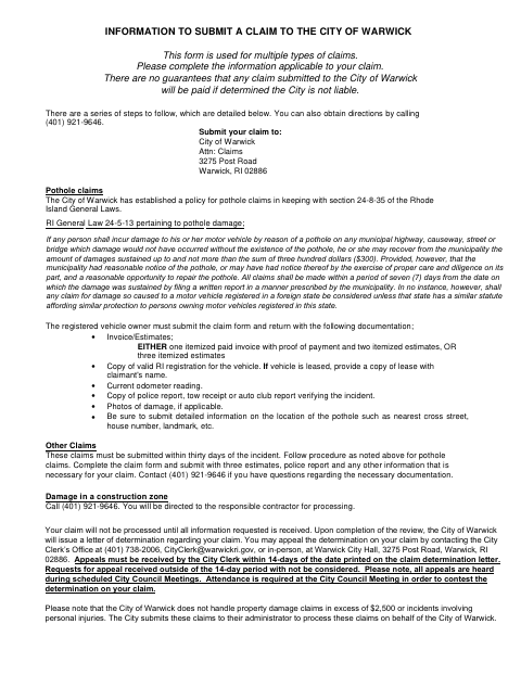 First page of the City Claim Form and Affidavit