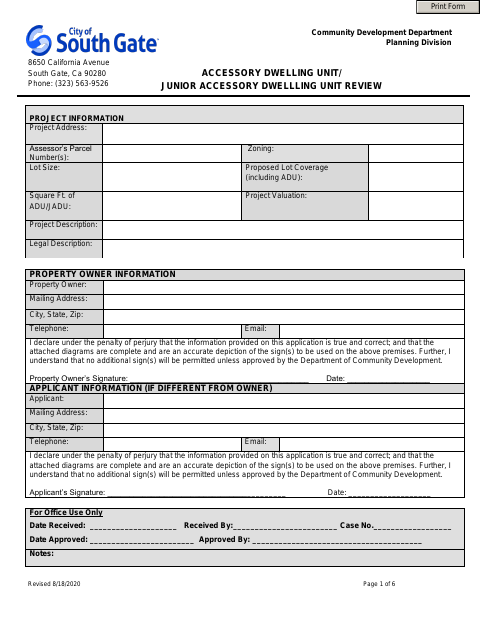 First page of the Accessory Dwelling Unit / Junior ADU Review Application