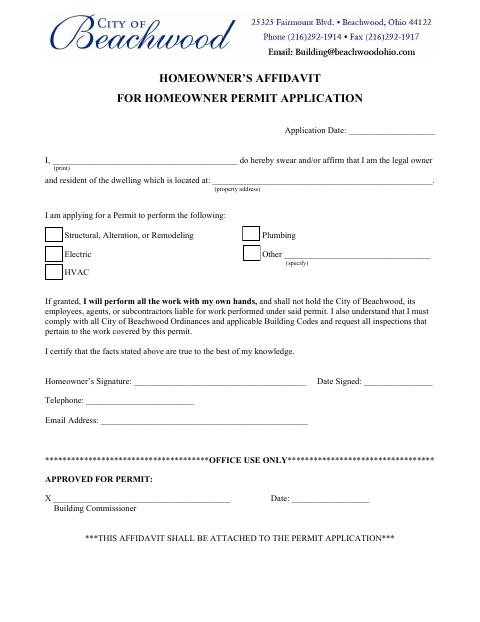 First page of the Homeowner’s Affidavit for Homeowner Permit Application