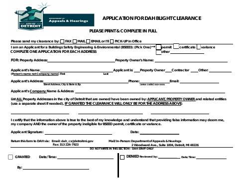 First page of the Application for Blight Clearance