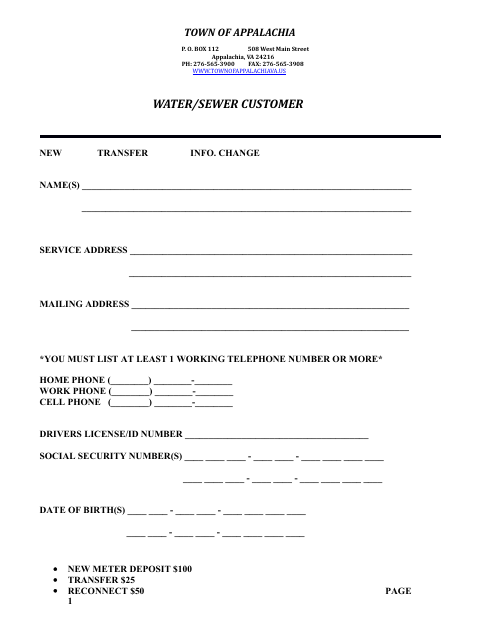 First page of the Water/Sewer Customer New Transfer Information