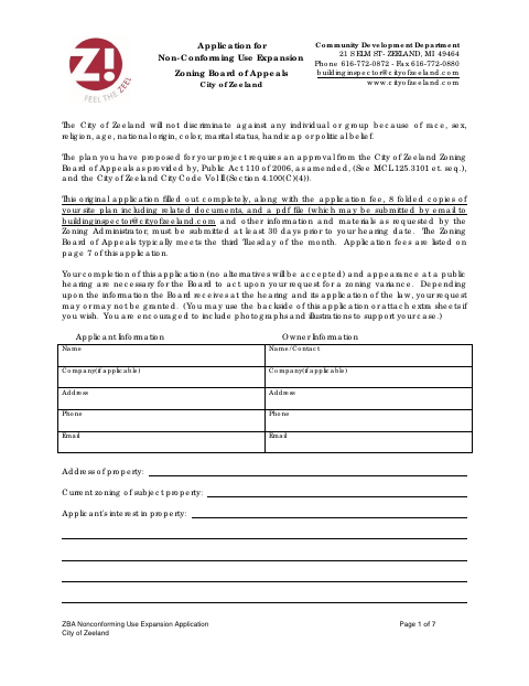 First page of the ZBA Nonconforming Use Expansion Application