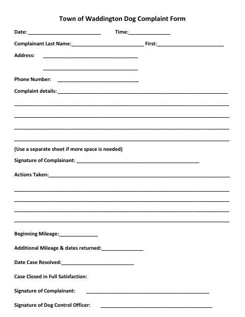 First page of the Dog Complaint Form