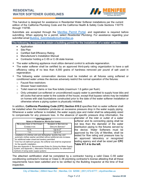 First page of the Residential Water Softener Installation Certificate