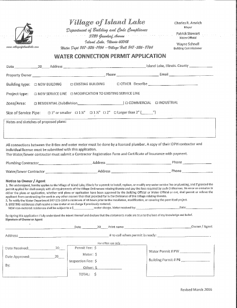First page of the Water Connection Permit Application