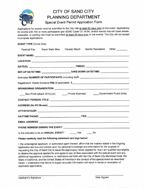 First page of the Special Event Permit Application