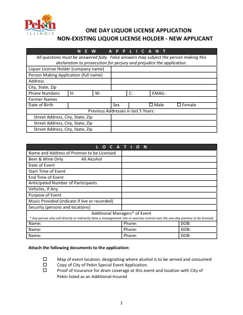 First page of the One-Day Liquor License Application for New Applicants