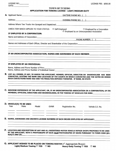 First page of the Towing License Application