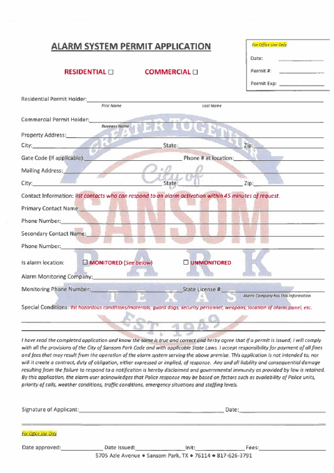 First page of the Alarm System Permit Application