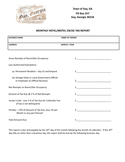 First page of the Monthly Hotel/Motel Excise Tax Report