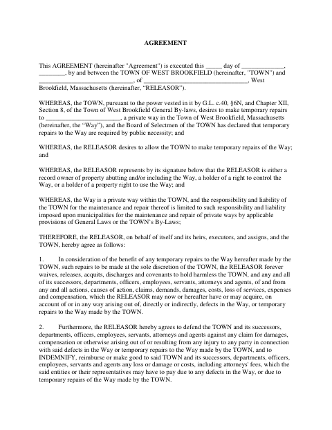 First page of the Indemnity Agreement for Repair of Private Ways