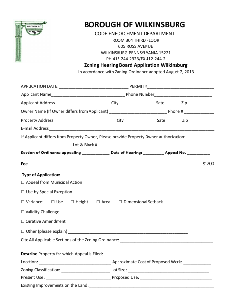First page of the Zoning Hearing Board Application