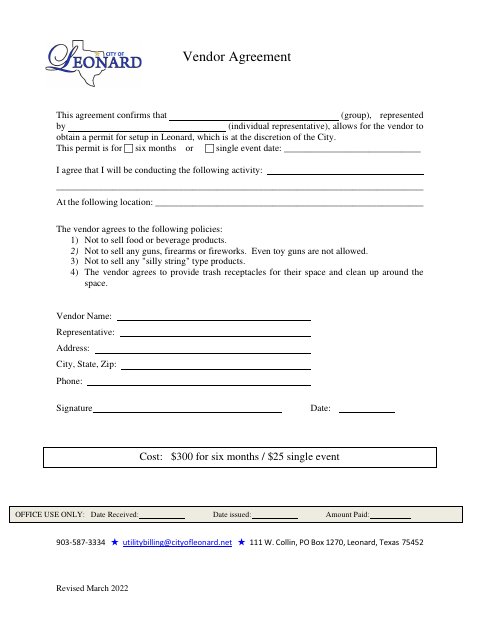 First page of the Vendor Agreement