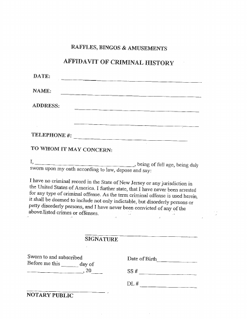 First page of the Raffles, Bingos & Amusements Affidavit of Criminal History