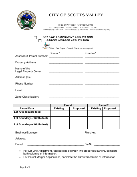First page of the Lot Line Adjustment Application