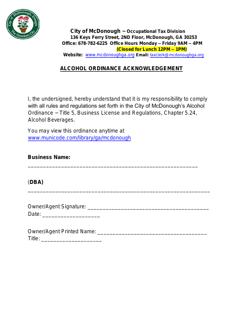 First page of the Alcohol Ordinance Acknowledgment