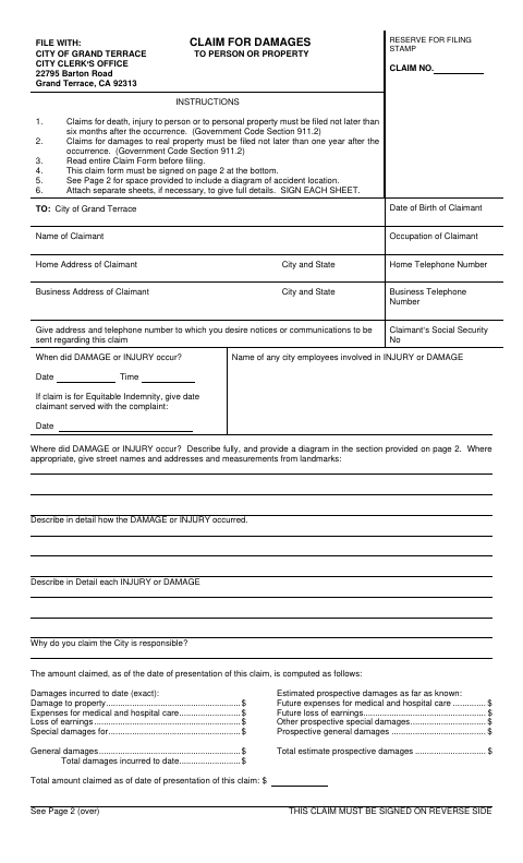 First page of the Claim for Damages to Person or Property