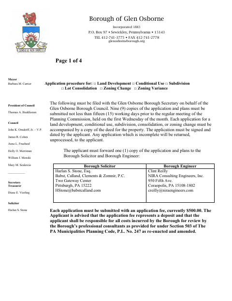 First page of the Land Development, Subdivision, and Zoning Application