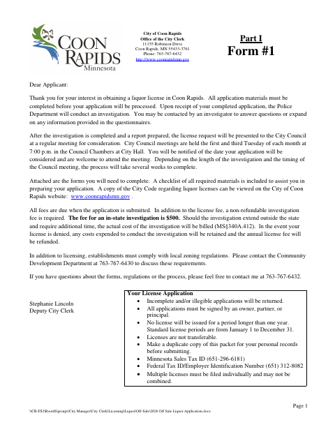 First page of the Off-Sale Liquor License Application