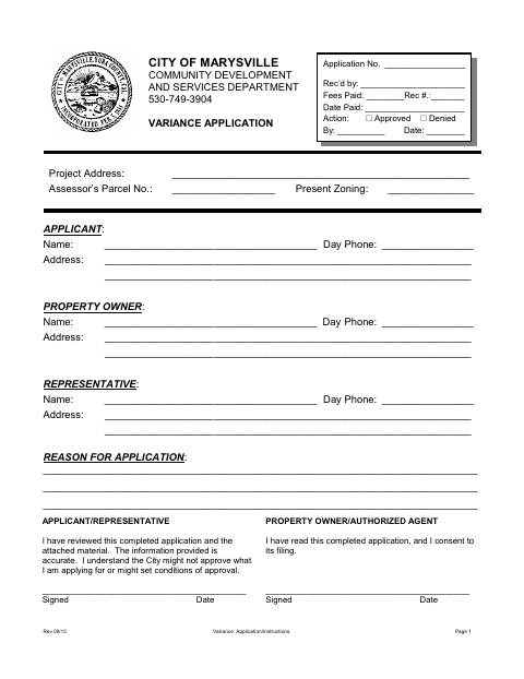 First page of the Variance Application