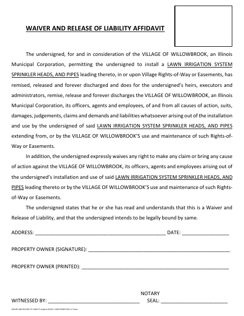 First page of the Lawn Irrigation Waiver and Release of Liability Affidavit