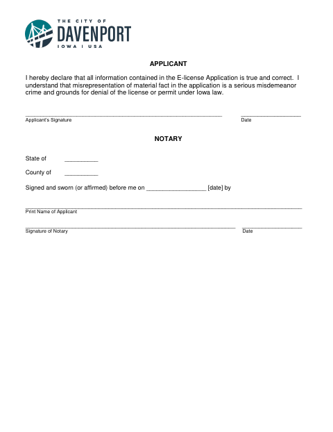 First page of the Liquor License Applicant Notary Signature Form