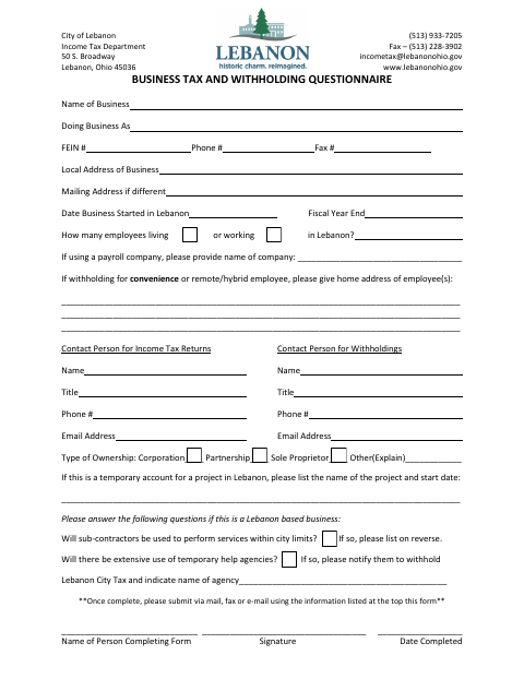 First page of the Business Tax and Withholding Questionnaire