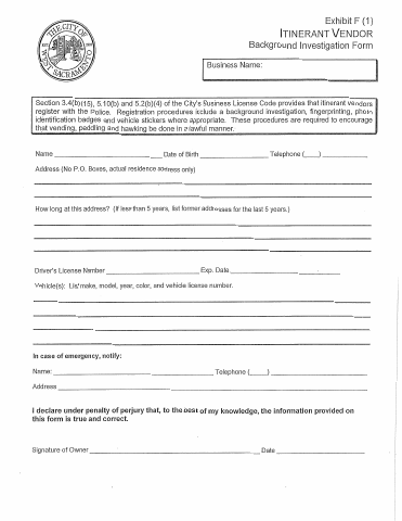 First page of the Itinerant Vendor Background Investigation Form