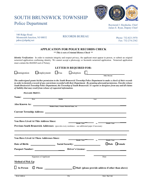 First page of the Police Records Check Application