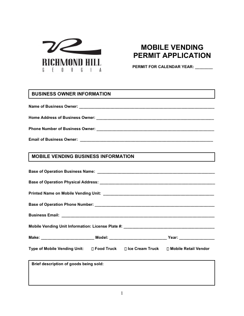 First page of the Mobile Vending Permit Application