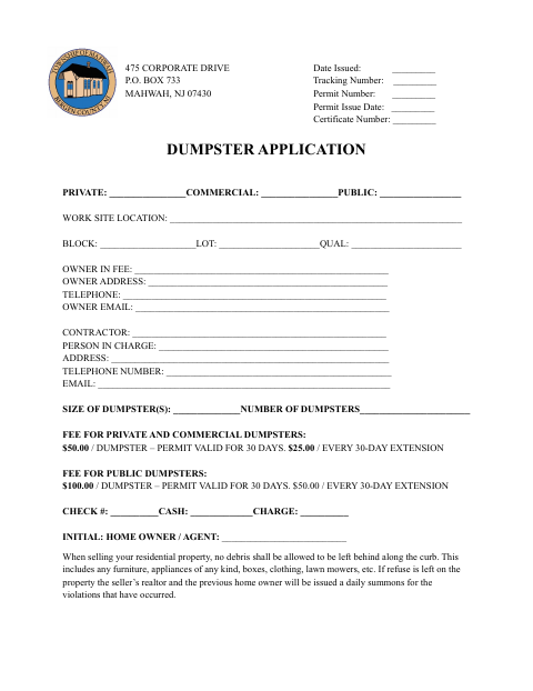 First page of the Dumpster Application