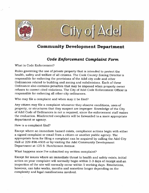 First page of the Code Enforcement Complaint Form