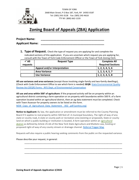 First page of the Zoning Board of Appeals Application