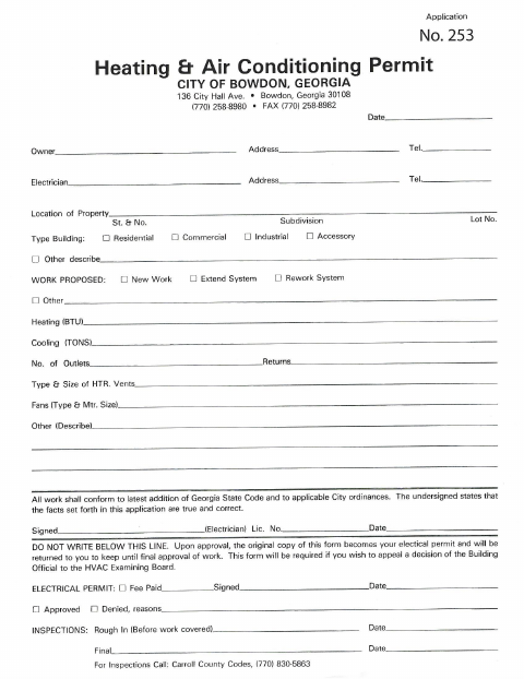 First page of the Heating and Air Conditioning Permit