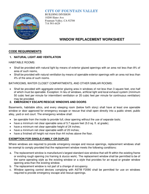 First page of the Window Replacement Worksheet