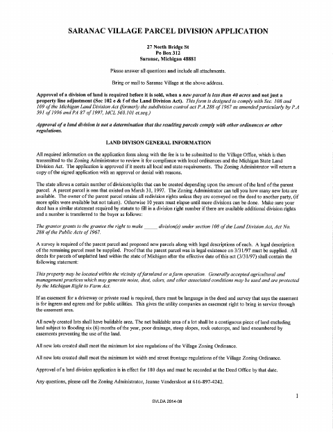 First page of the Parcel Division Application