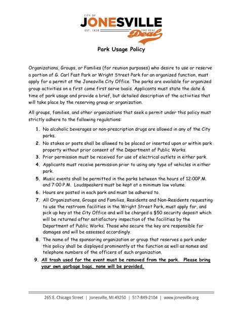 First page of the Park Usage Policy