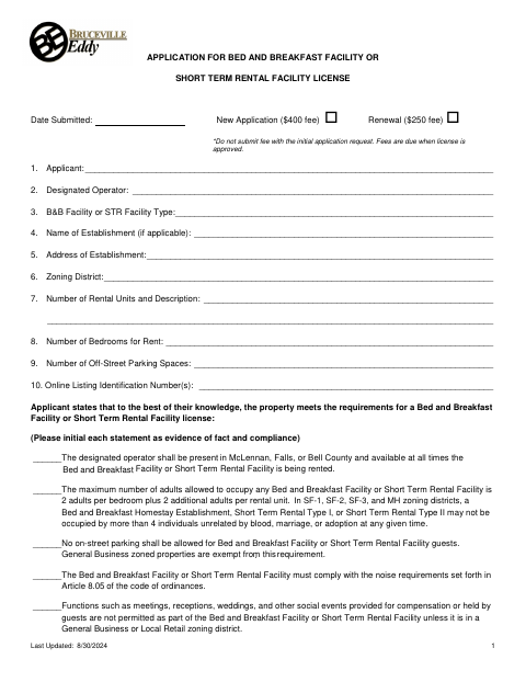 First page of the Application for Bed and Breakfast Facility or Short Term Rental Facility License