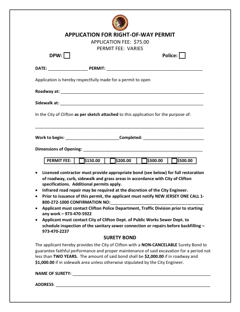 First page of the Right-of-Way Permit Application