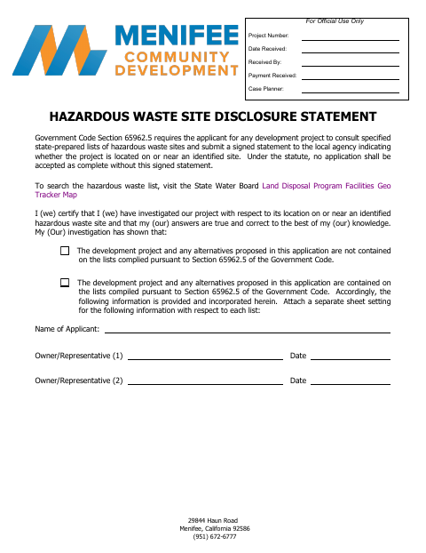 First page of the Hazardous Waste Site Disclosure Statement