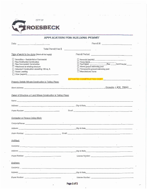 First page of the Building Permit Application