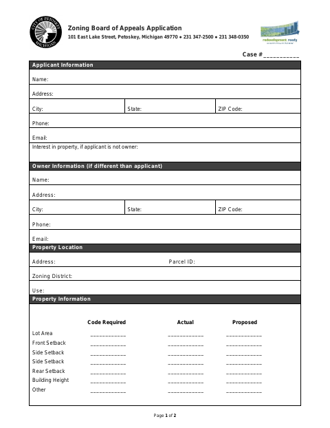 First page of the Zoning Board of Appeals Application