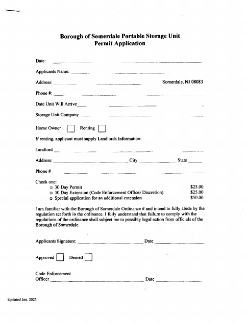 First page of the Portable Storage Unit Permit Application