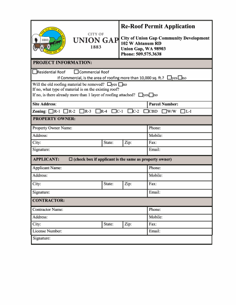 First page of the Re-Roof Permit Application