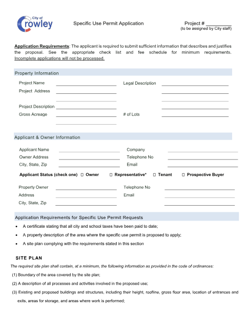 First page of the Specific Use Permit Application
