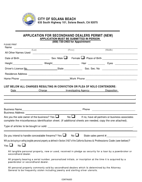 First page of the Application for Secondhand Dealers Permit (New)