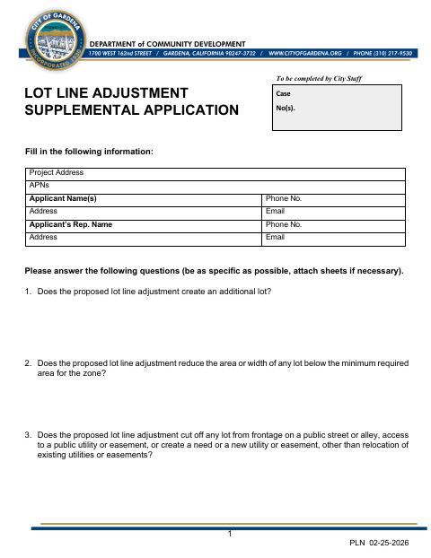 First page of the Lot Line Adjustment Supplemental Application