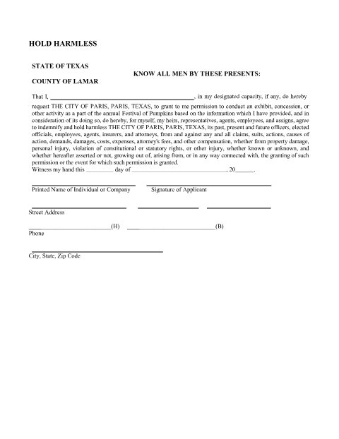 First page of the Festival Vendor Hold Harmless Form